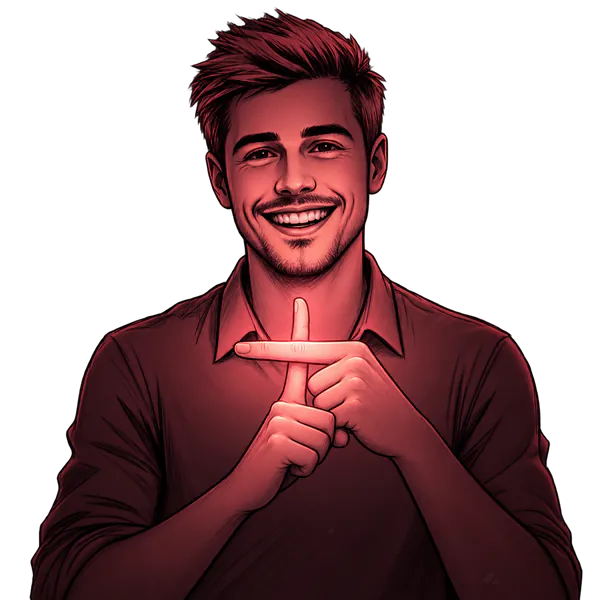 Sketch of a smiling man making a plus sign with his fingers.