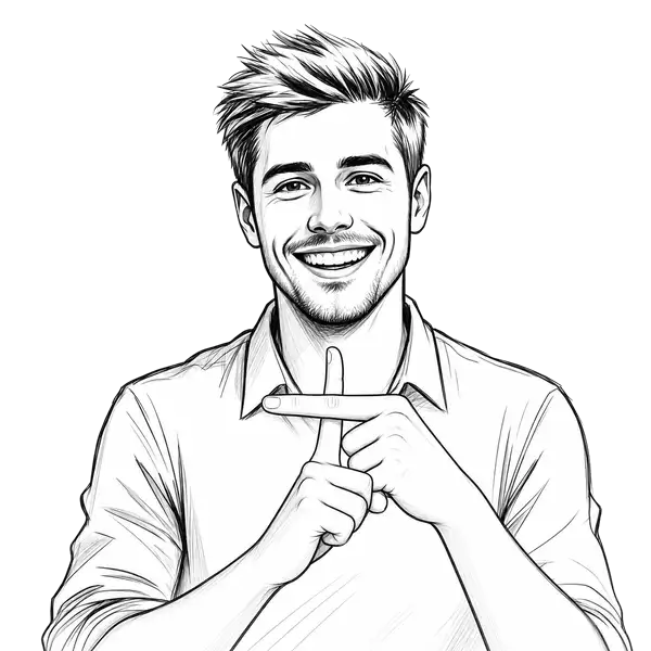 Sketch of a smiling man making a plus sign with his fingers.