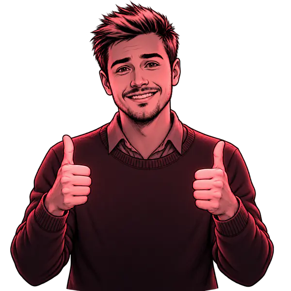 Sketch of a smiling man facing the viewer with both thumbs raised.