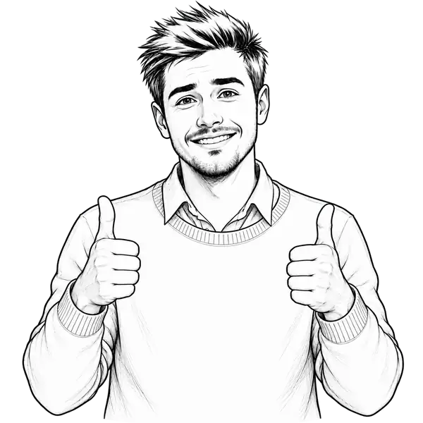 Sketch of a smiling man facing the viewer with both thumbs raised.