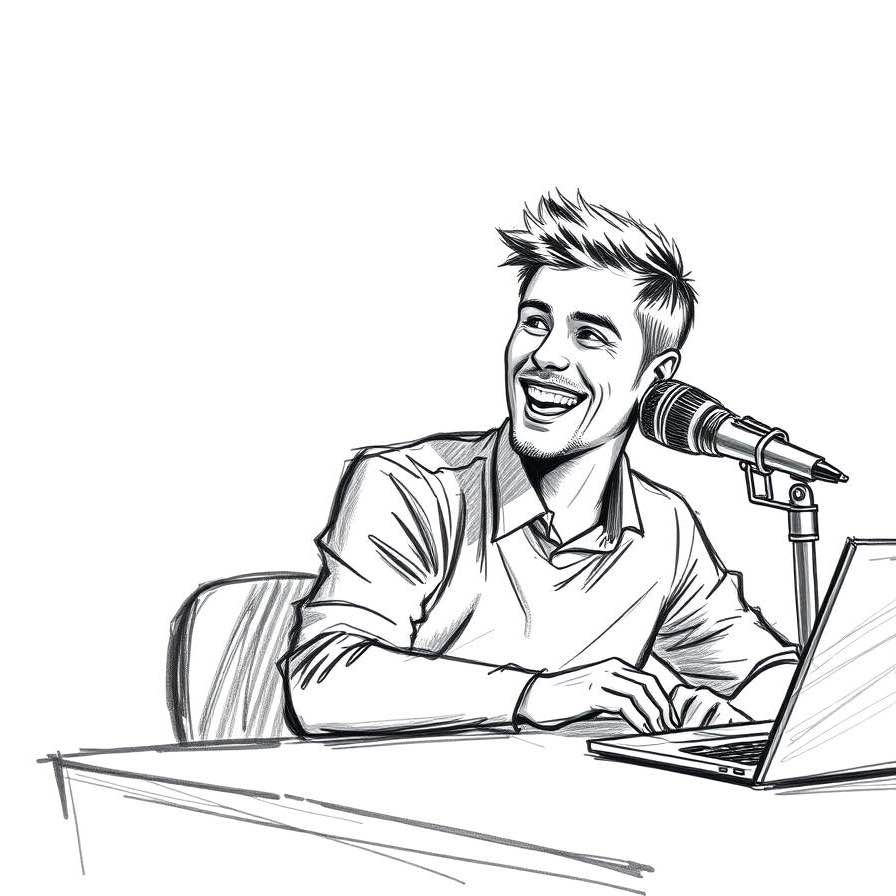 Sketch of a happy customer who is sitting at a desk in front of a laptop with a microphone