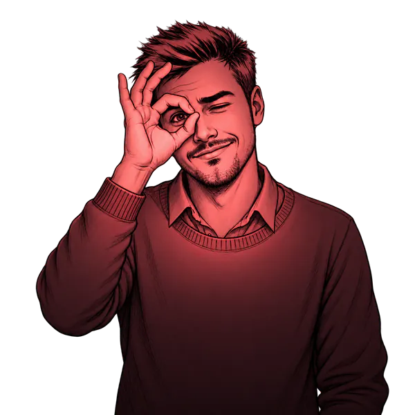 Sketch of a man looking through a circle made with his thumb and forefinger.