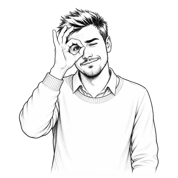 Sketch of a man looking through a circle made with his thumb and forefinger.