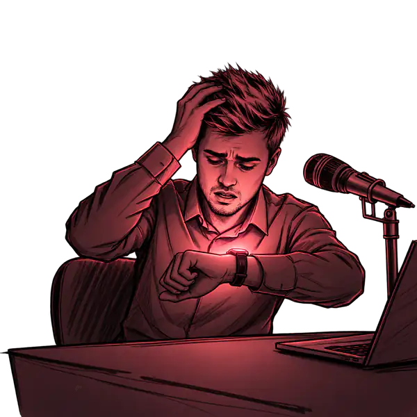 Sketch of a confused man who is looking at his wristwatch with an impatient facial expression.