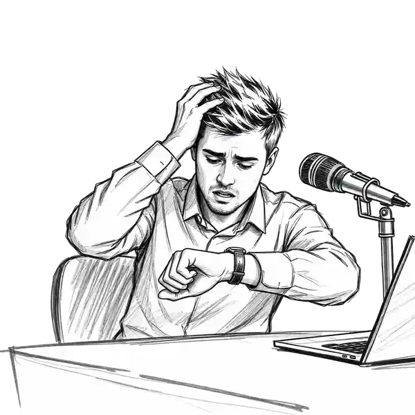 Sketch of a confused man who is looking at his wristwatch with an impatient facial expression.