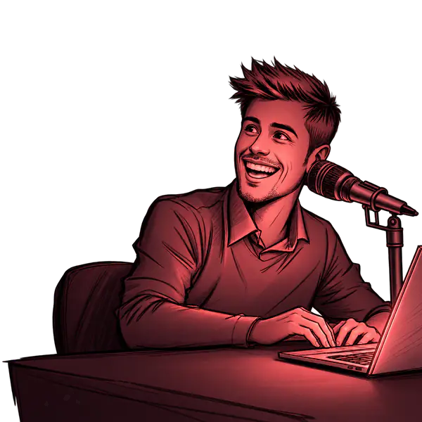 Sketch of a happy customer who is sitting at a desk in front of a laptop with a microphone