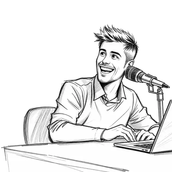 Sketch of a happy customer who is sitting at a desk in front of a laptop with a microphone